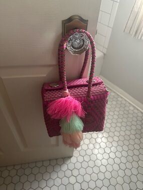 Handwoven Mini Tote Bag in Hot Pink with Tassel Charm